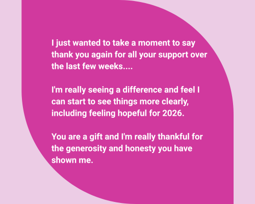 A graphic with a pink background containing a message of gratitude and hope for the future, expressing appreciation for support received and looking forward to 2026.