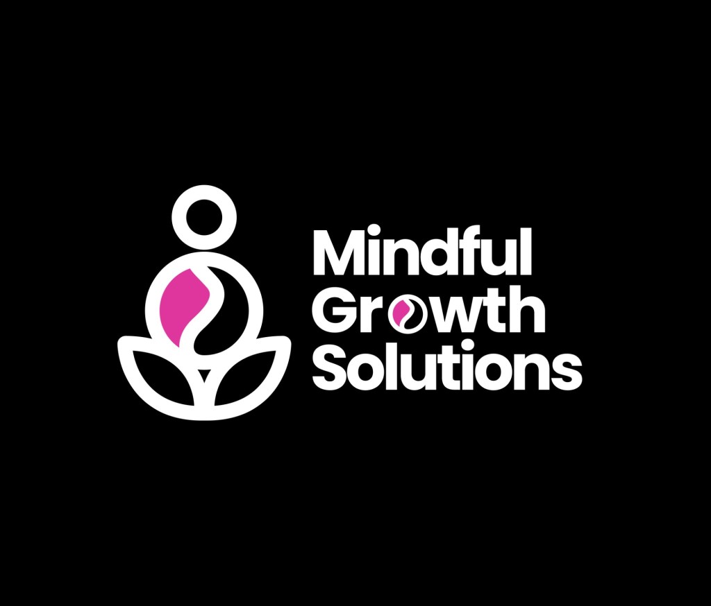 Logo of Mindful Growth Solutions featuring a stylized figure surrounded by a flower design, set against a black background.
