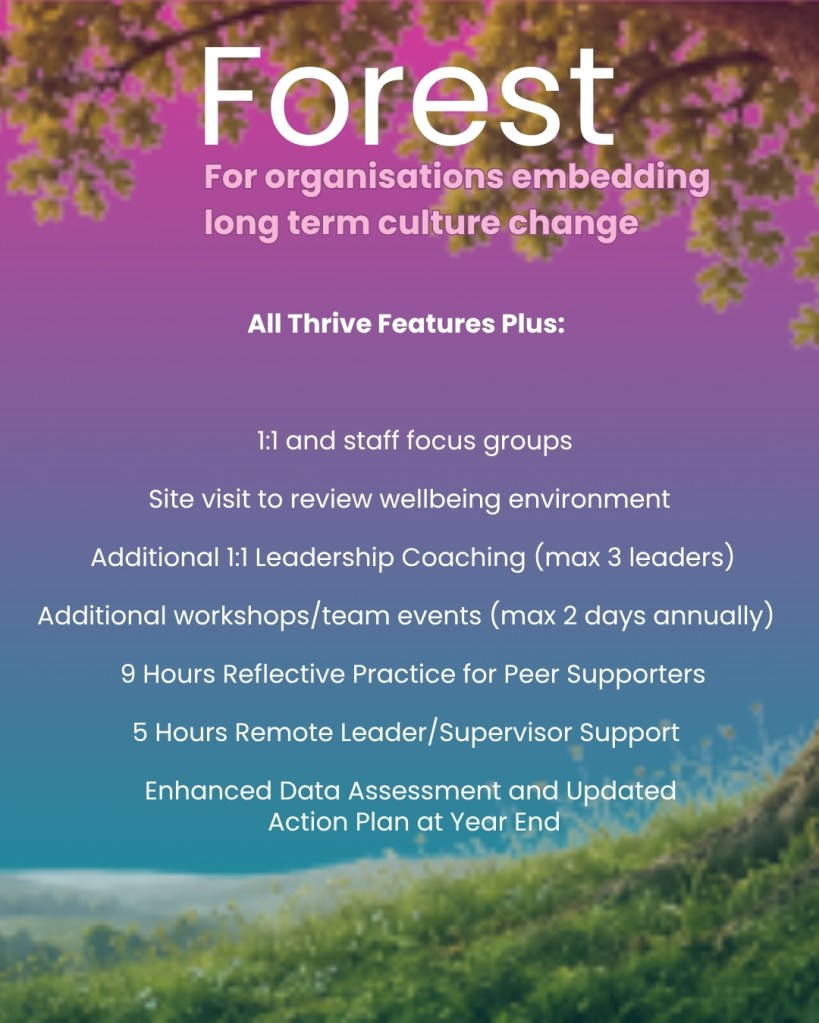 Long term culture change mental health programme. Peer support, leadership training, reporting, coaching and in person events